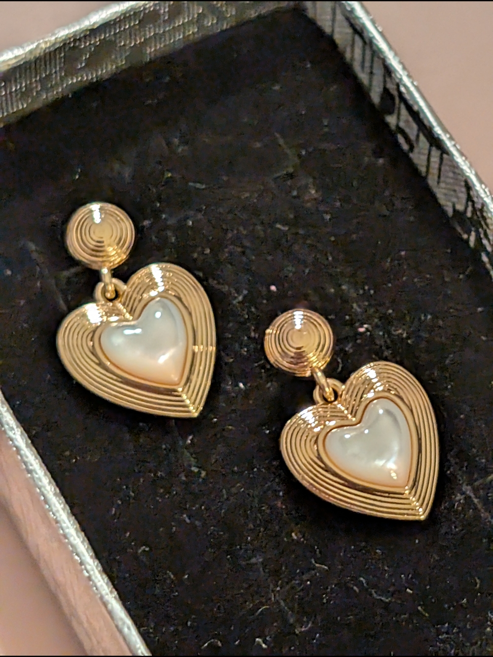 Gold Heart Drop Earrings with Pearl Center